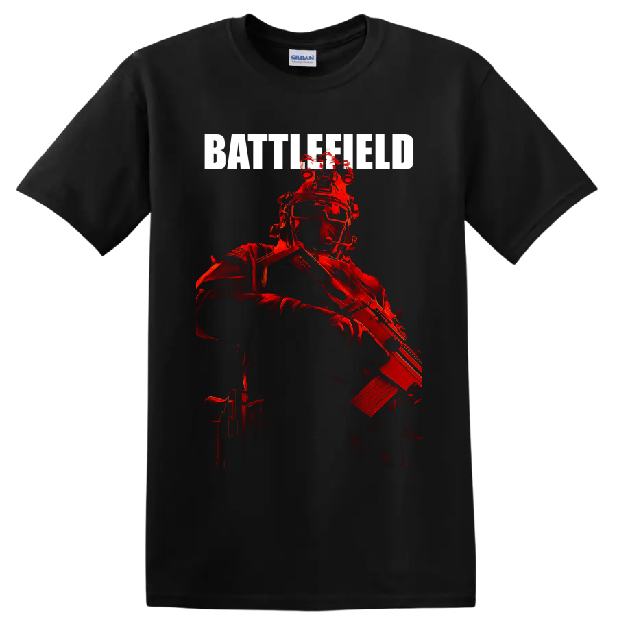 Red tactical Battlefield Soldier illustration with goggles, helmet gear, and rifle on a Black T Shirt