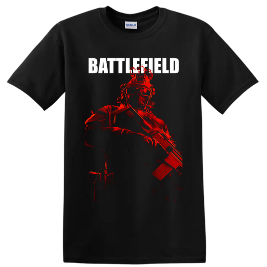 Red tactical Battlefield Soldier illustration with goggles, helmet gear, and rifle on a Black T Shirt