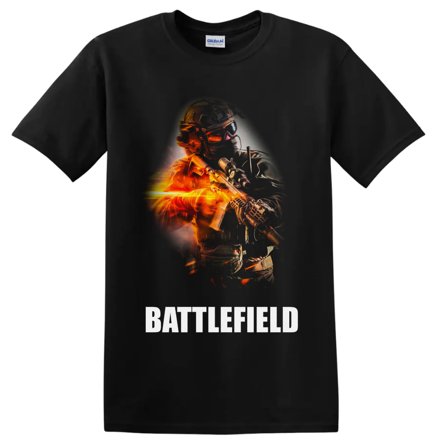 Battlefield Soldier with futuristic rifle, orange fire effects, and BATTLEFIELD text on a Black T Shirt