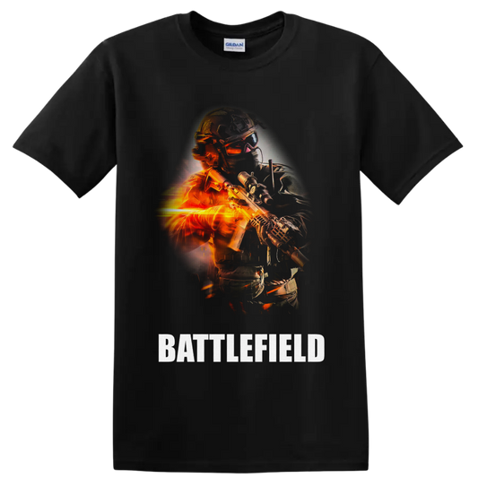 Battlefield Soldier with futuristic rifle, orange fire effects, and BATTLEFIELD text on a Black T Shirt