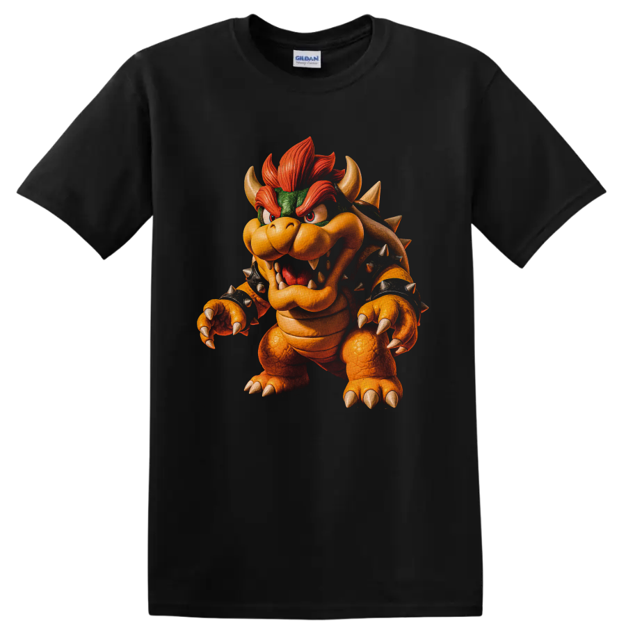 Bowser roaring with spiked shell, horns, claws, and fiery red hair character art on a Black T Shirt