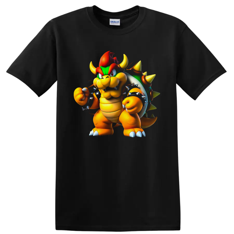 Bowser Super Mario cartoon character with green spiked shell and raised fist on a Black T Shirt