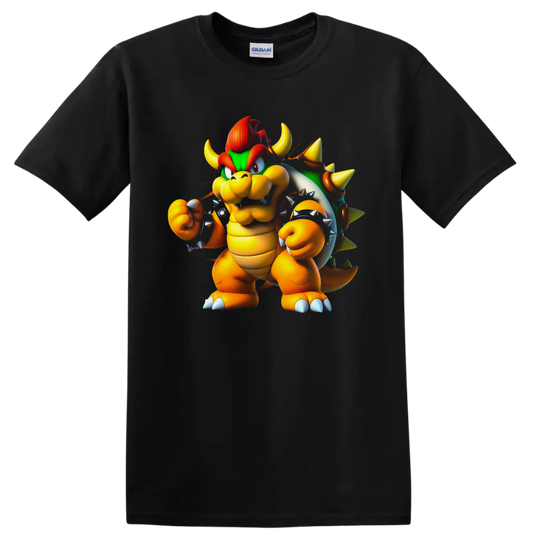 Bowser Super Mario cartoon character with green spiked shell and raised fist on a Black T Shirt