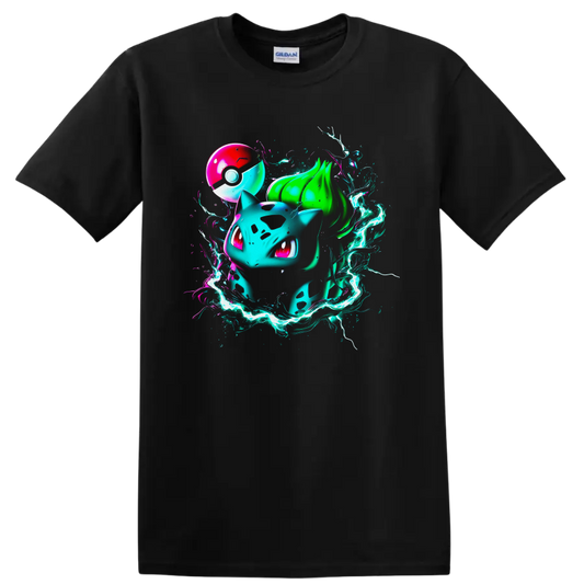 Neon Bulbasaur with glowing energy ribbons and a red-and-white orb on a Black T Shirt
