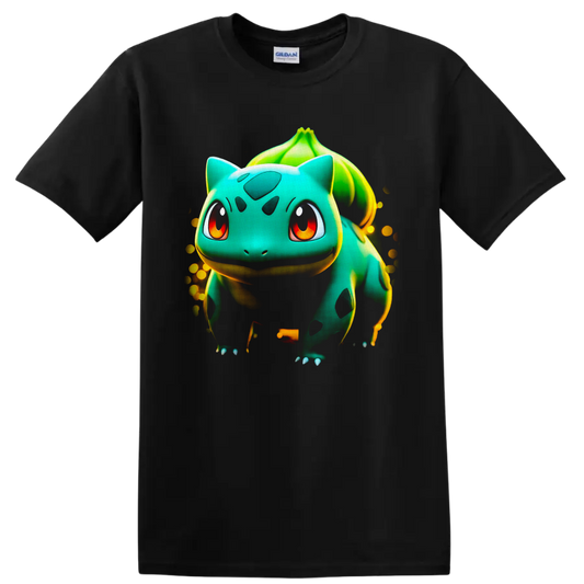 Bulbasaur Pokémon glowing seed creature portrait with leafy bulb and golden speckles on a Black T Shirt
