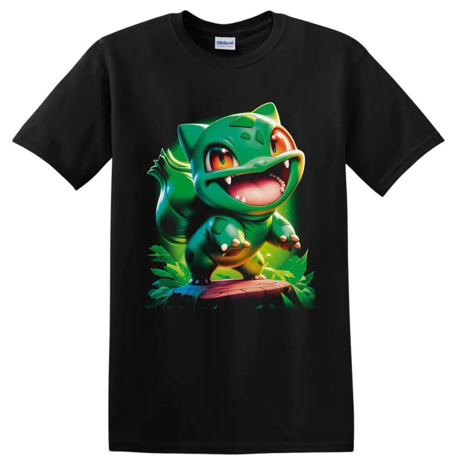 Bulbasaur Pokémon character in glossy jungle cartoon art with tropical leaves on a Black T Shirt