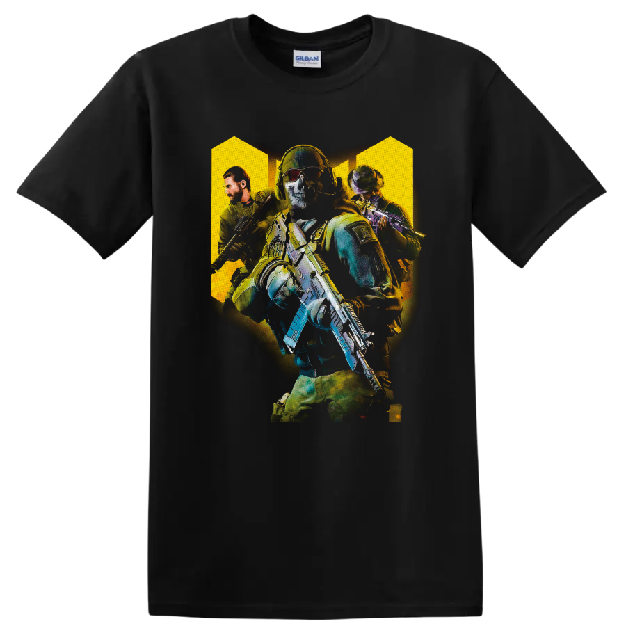 Call of Duty tactical soldiers graphic with skull-masked operator and armed squad on a Black T Shirt