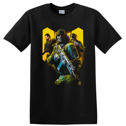 Call of Duty tactical soldiers graphic with skull-masked operator and armed squad on a Black T Shirt