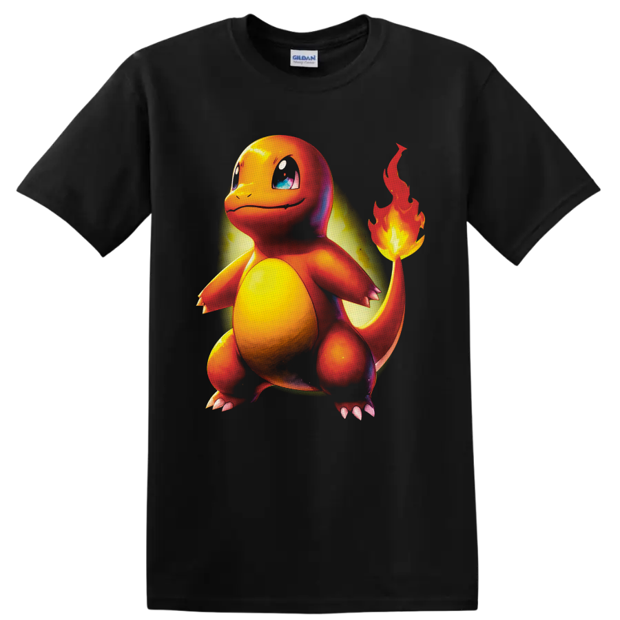 Charmander Pokémon character with glowing tail flame in vivid airbrushed artwork on a Black T Shirt