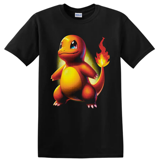 Charmander Pokémon character with glowing tail flame in vivid airbrushed artwork on a Black T Shirt