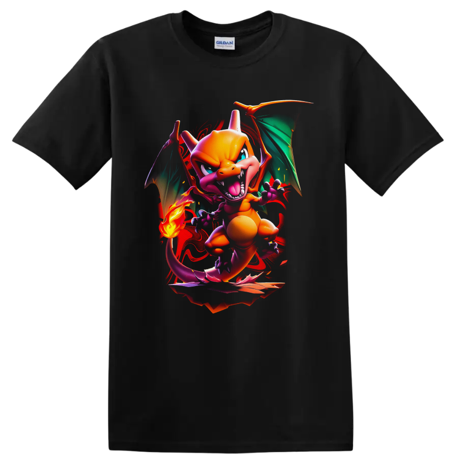 Charizard Pokémon neon fire dragon with teal wings, tail flame, and red paint splashes on a Black T Shirt