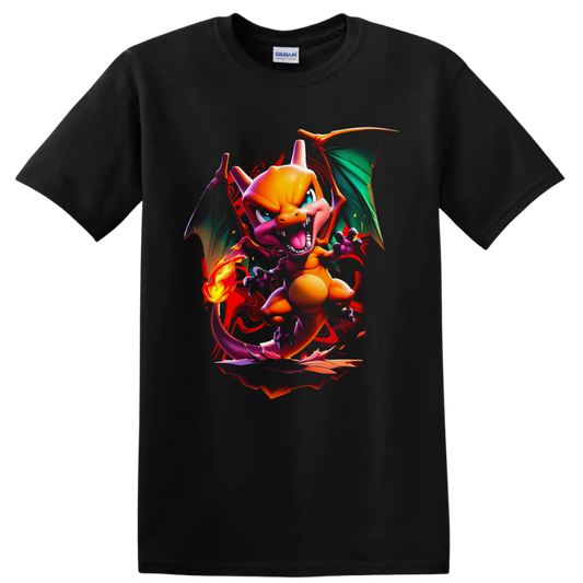 Charizard Pokémon neon fire dragon with teal wings, tail flame, and red paint splashes on a Black T Shirt