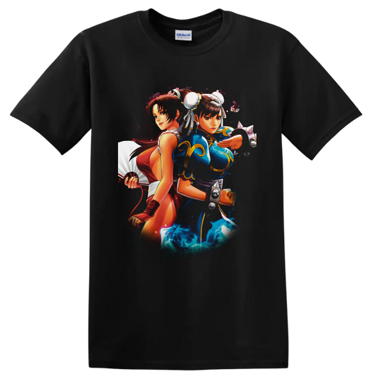 Chun-Li and Mai Shiranui anime-style fighting game duo with fan and energy effects on a Black T Shirt