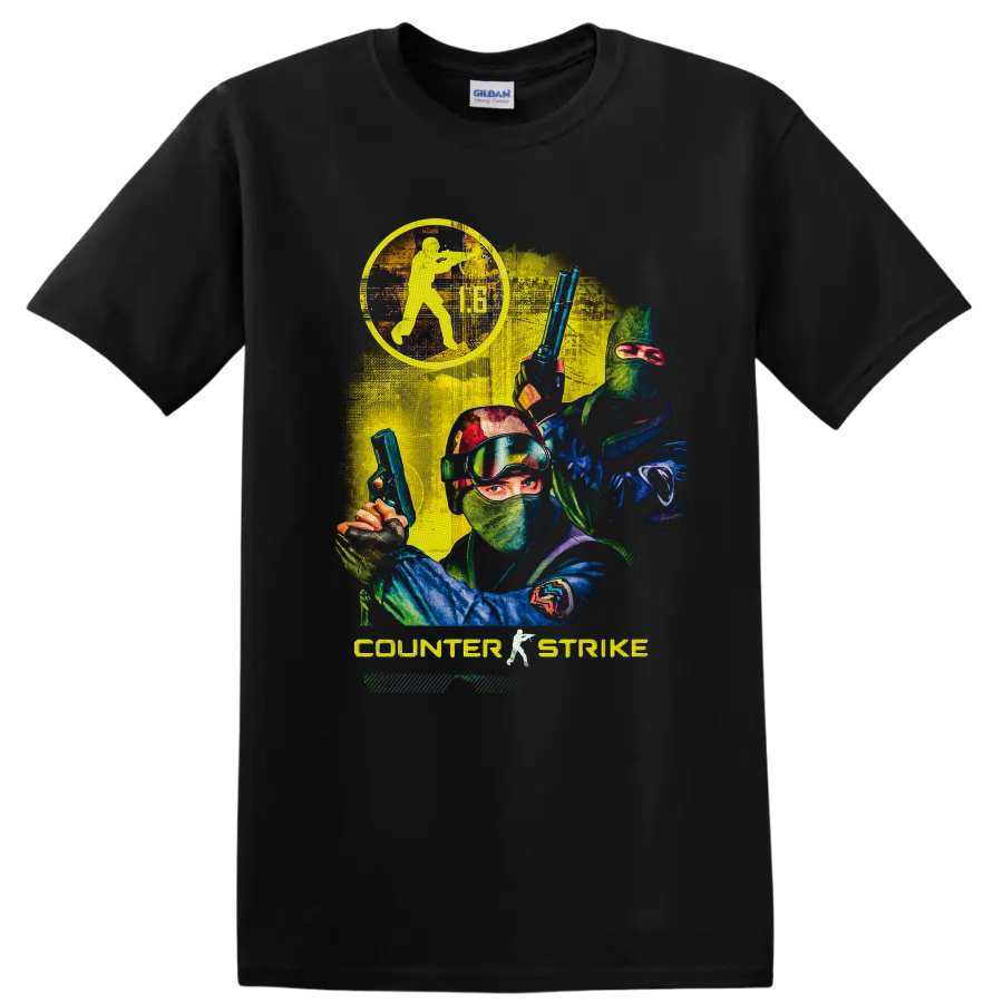 Counter-Strike 1.6 Counter-Terrorist operatives in distressed retro tactical action art on a Black T Shirt