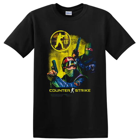 Counter-Strike 1.6 Counter-Terrorist operatives in distressed retro tactical action art on a Black T Shirt