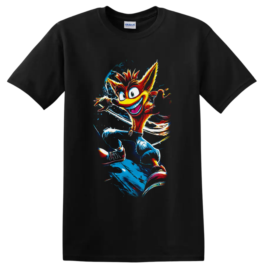 Crash Bandicoot running in colorful retro paint splatter illustration on a Black T Shirt