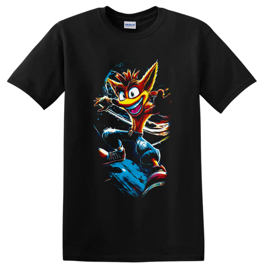 Crash Bandicoot running in colorful retro paint splatter illustration on a Black T Shirt