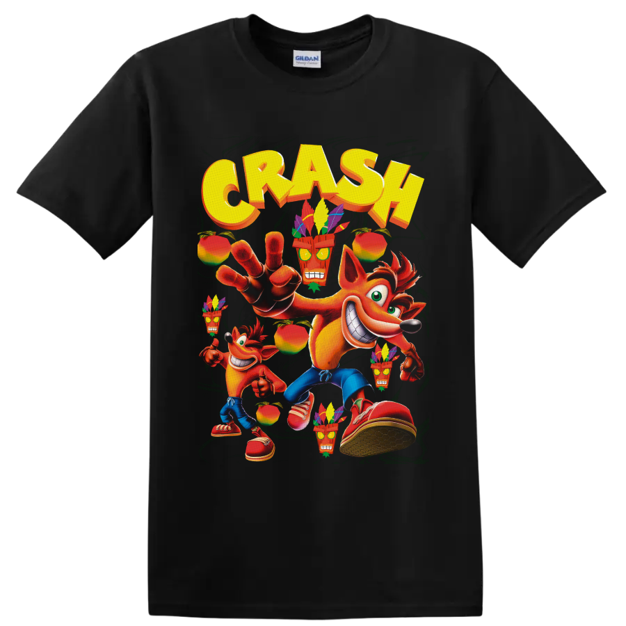 Crash Bandicoot with Aku Aku masks, tropical fruit, and bold yellow CRASH lettering on a Black T Shirt