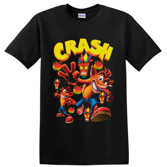 Crash Bandicoot with Aku Aku masks, tropical fruit, and bold yellow CRASH lettering on a Black T Shirt