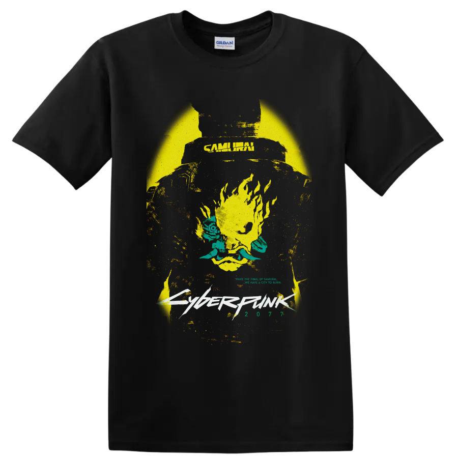 Cyberpunk 2077 Samurai flaming skull with teal flowers and distressed futuristic lettering on a Black T Shirt