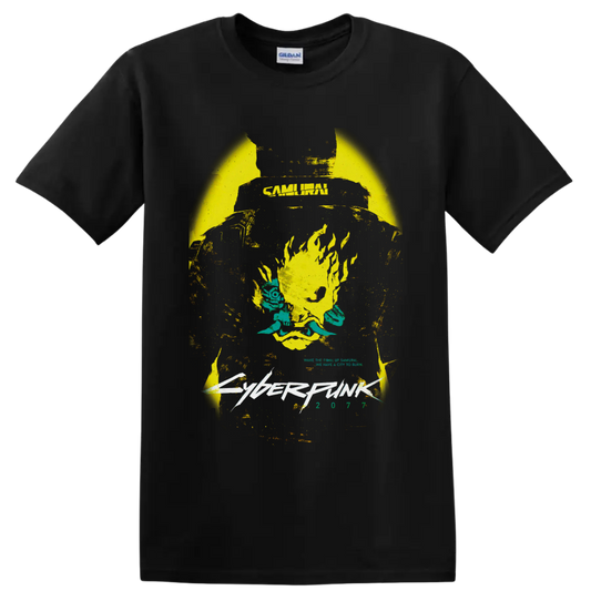 Cyberpunk 2077 Samurai flaming skull with teal flowers and distressed futuristic lettering on a Black T Shirt