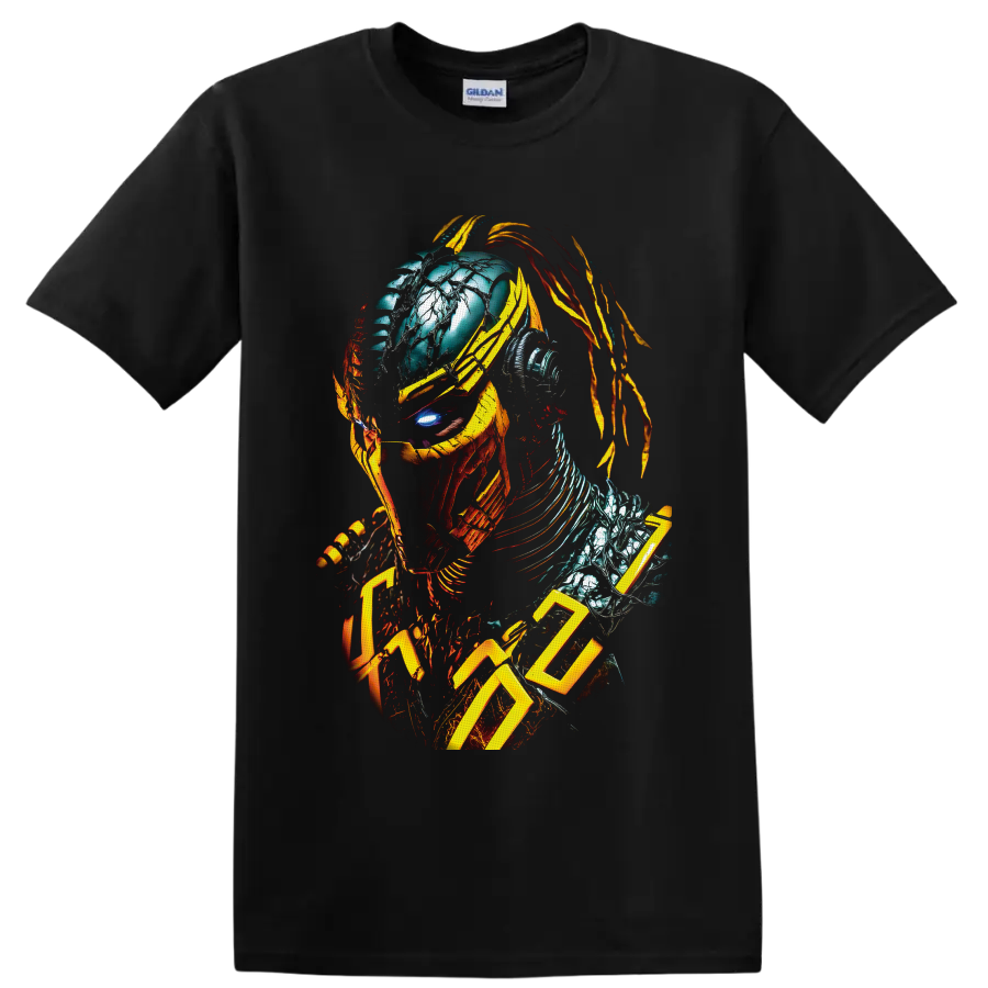 Cyrax Mortal Kombat cyber ninja portrait with yellow armor and mechanical details on a Black T Shirt