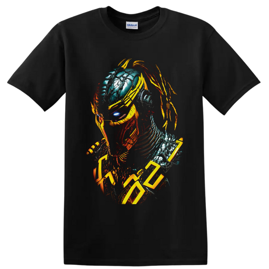 Cyrax Mortal Kombat cyber ninja portrait with yellow armor and mechanical details on a Black T Shirt