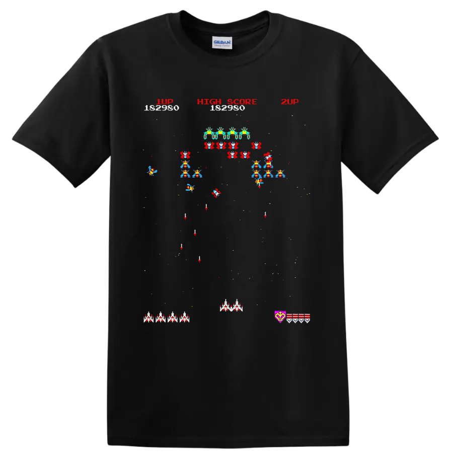 Space Invaders pixel art arcade battle with alien rows, ships, and high score text on a Black T Shirt