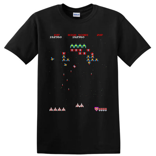 Space Invaders pixel art arcade battle with alien rows, ships, and high score text on a Black T Shirt