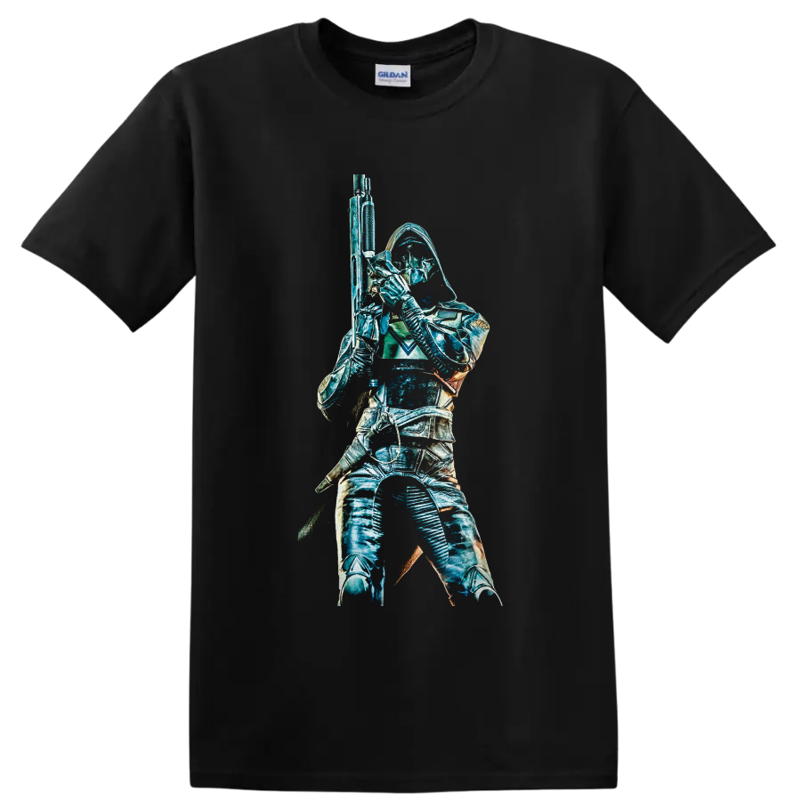 Destiny 2 Hunter in hooded armor holding a rifle, teal sci-fi graphic on a Black T Shirt