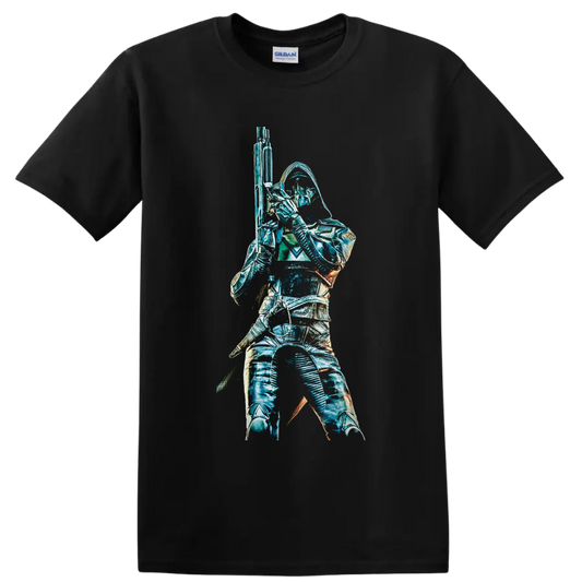 Destiny 2 Hunter in hooded armor holding a rifle, teal sci-fi graphic on a Black T Shirt