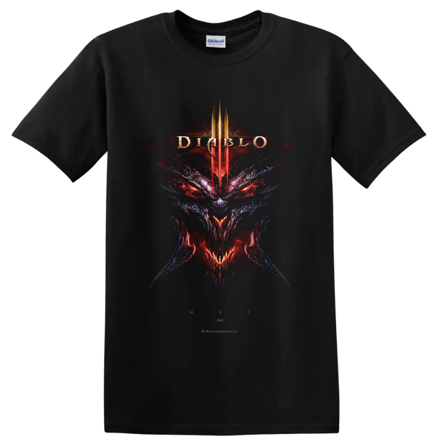 Diablo IV demon skull with red eyes, Roman numeral IV crest, and gothic fantasy art on a Black T Shirt