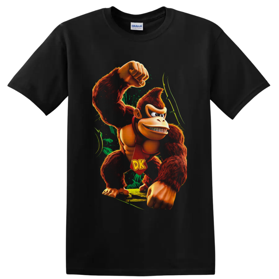 Donkey Kong raising a fist in a vivid jungle scene with a red DK tie on a Black T Shirt