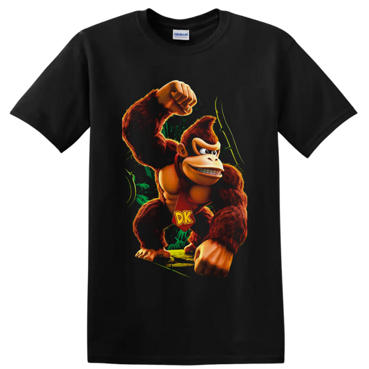 Donkey Kong raising a fist in a vivid jungle scene with a red DK tie on a Black T Shirt