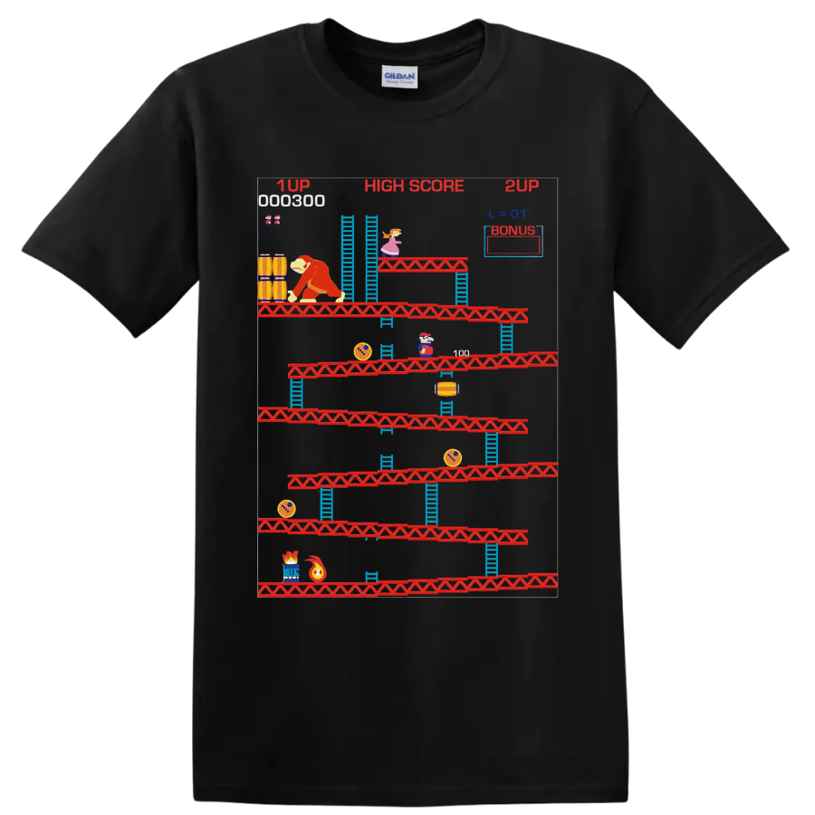 Donkey Kong Mario retro arcade platform graphic with ladders, barrels, and high score text on a Black T Shirt
