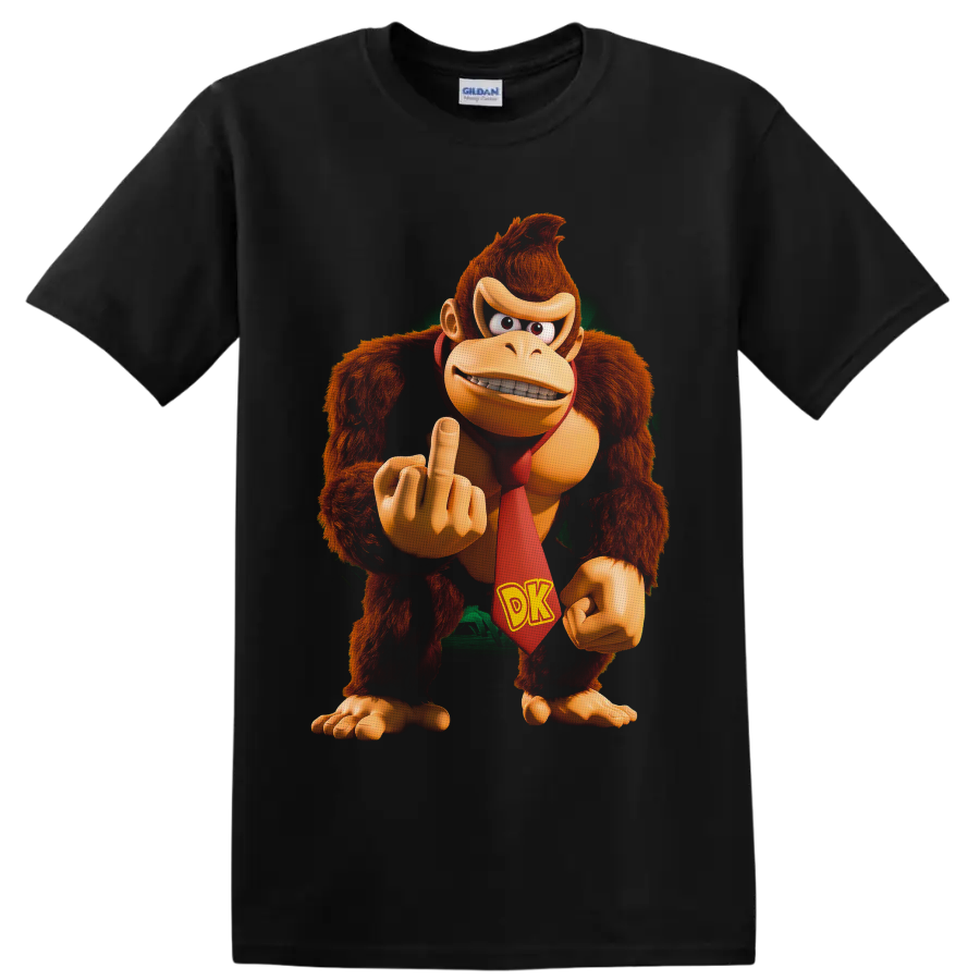 Donkey Kong character graphic with red DK tie and raised rude gesture on a Black T Shirt