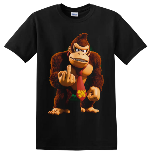 Donkey Kong character graphic with red DK tie and raised rude gesture on a Black T Shirt
