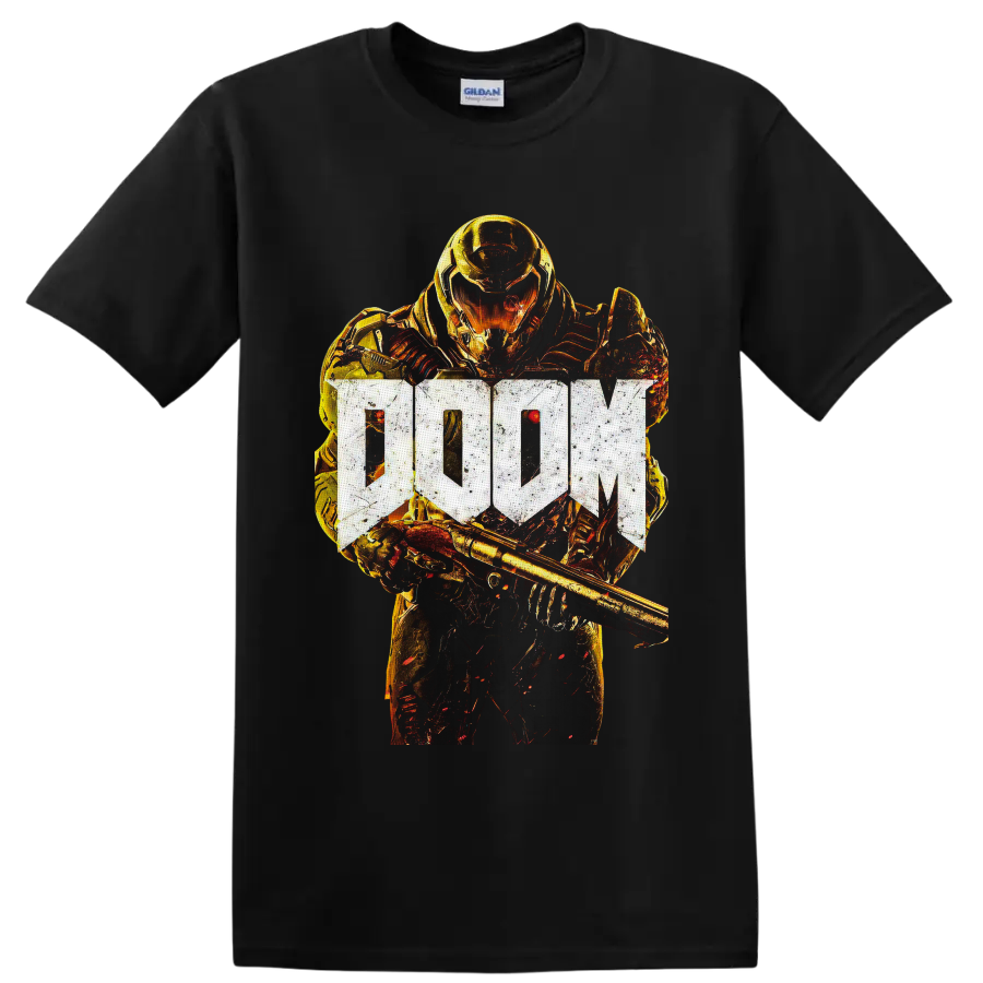 Doom Slayer in fiery gold armor with weapon and distressed DOOM logo on a Black T Shirt