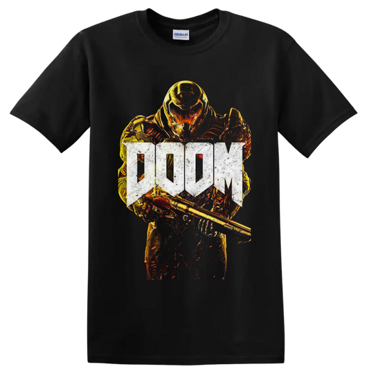Doom Slayer in fiery gold armor with weapon and distressed DOOM logo on a Black T Shirt