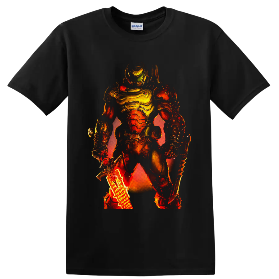 Doom Slayer in fiery futuristic armor with green visor and weapon details on a Black T Shirt