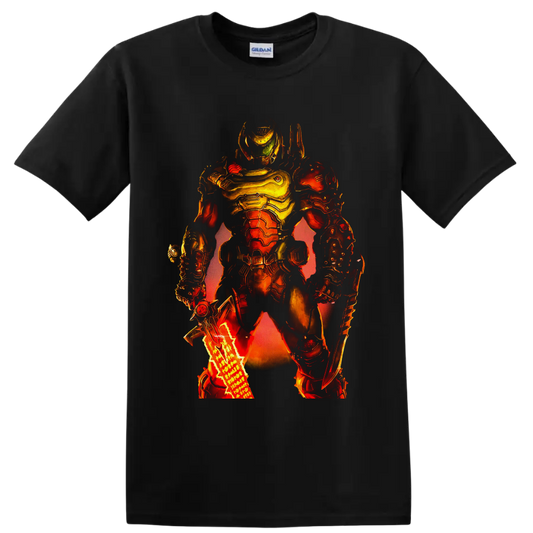 Doom Slayer in fiery futuristic armor with green visor and weapon details on a Black T Shirt