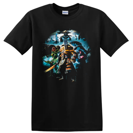 Dota 2 Juggernaut fantasy battle art with masked warrior, glowing sword, and heroes on a Black T Shirt