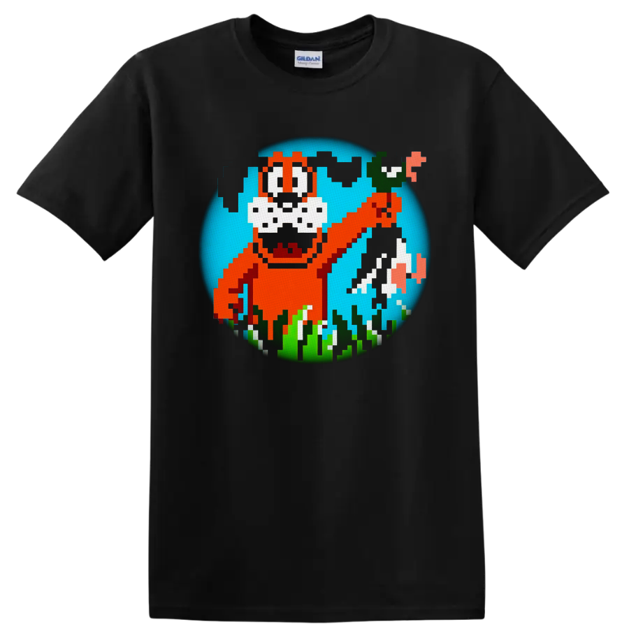 Duck Hunt pixel dog with flying ducks, grass, and retro 8-bit game art on a Black T Shirt