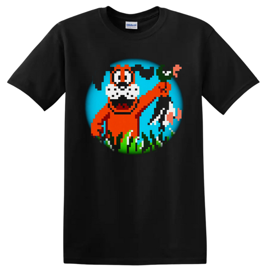 Duck Hunt pixel dog with flying ducks, grass, and retro 8-bit game art on a Black T Shirt