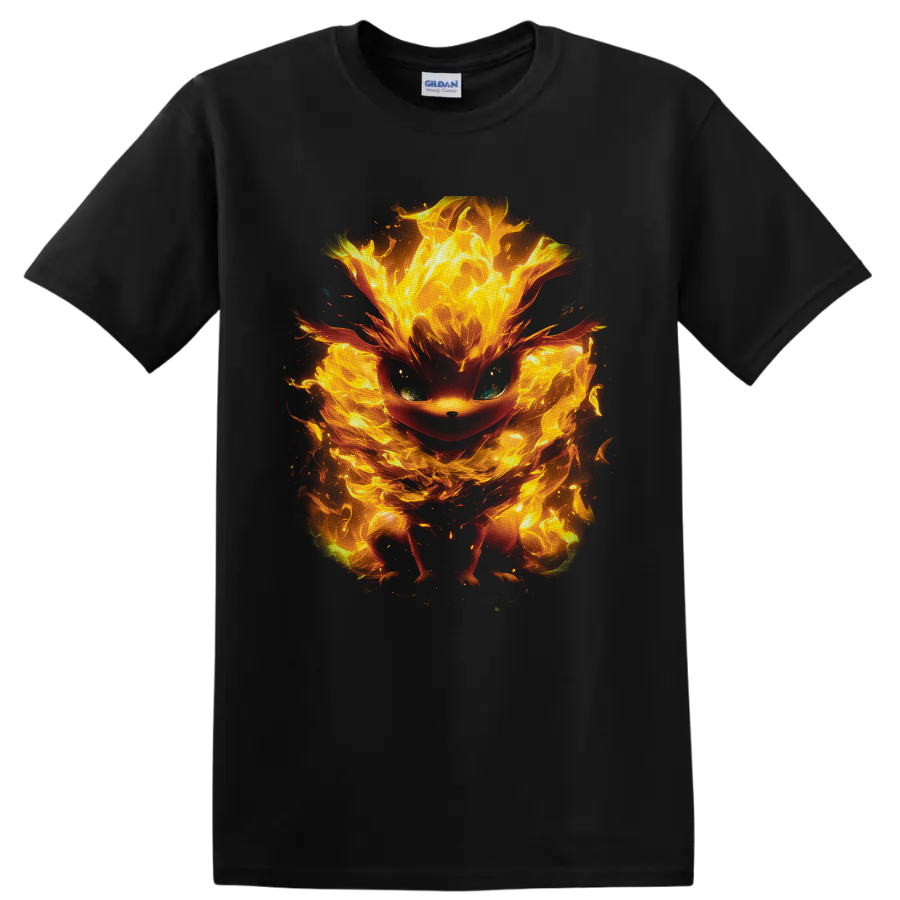 Eevee surrounded by glowing orange and yellow flames in a dramatic fantasy art style on a Black T Shirt