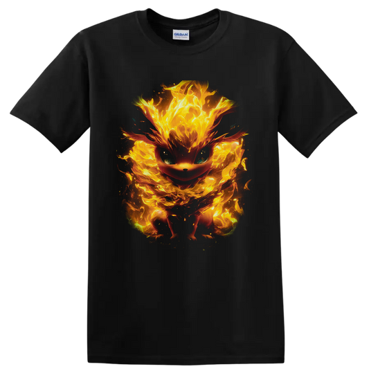 Eevee surrounded by glowing orange and yellow flames in a dramatic fantasy art style on a Black T Shirt
