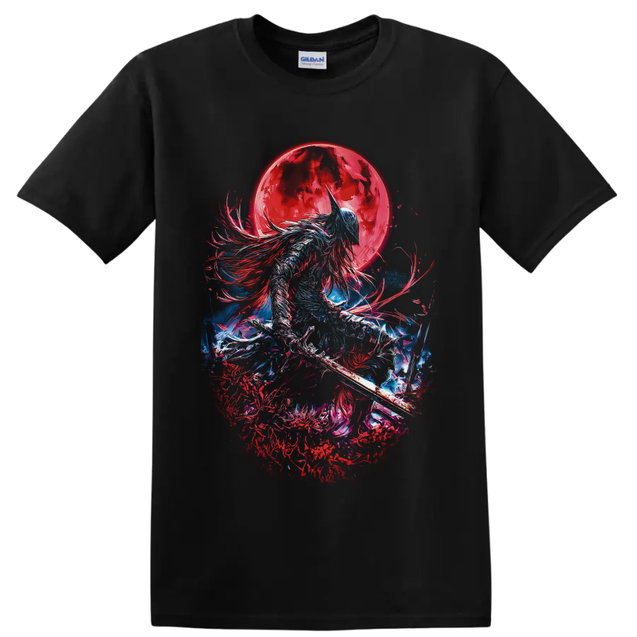 Moon Knight-inspired armored warrior with sword beneath a crimson moon in dark fantasy art on a Black T Shirt