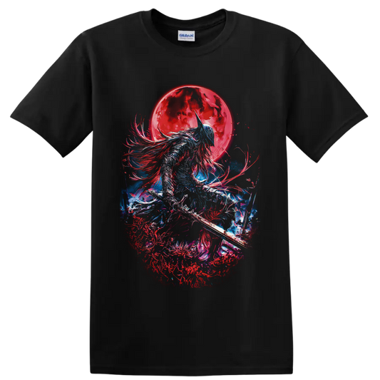 Moon Knight-inspired armored warrior with sword beneath a crimson moon in dark fantasy art on a Black T Shirt
