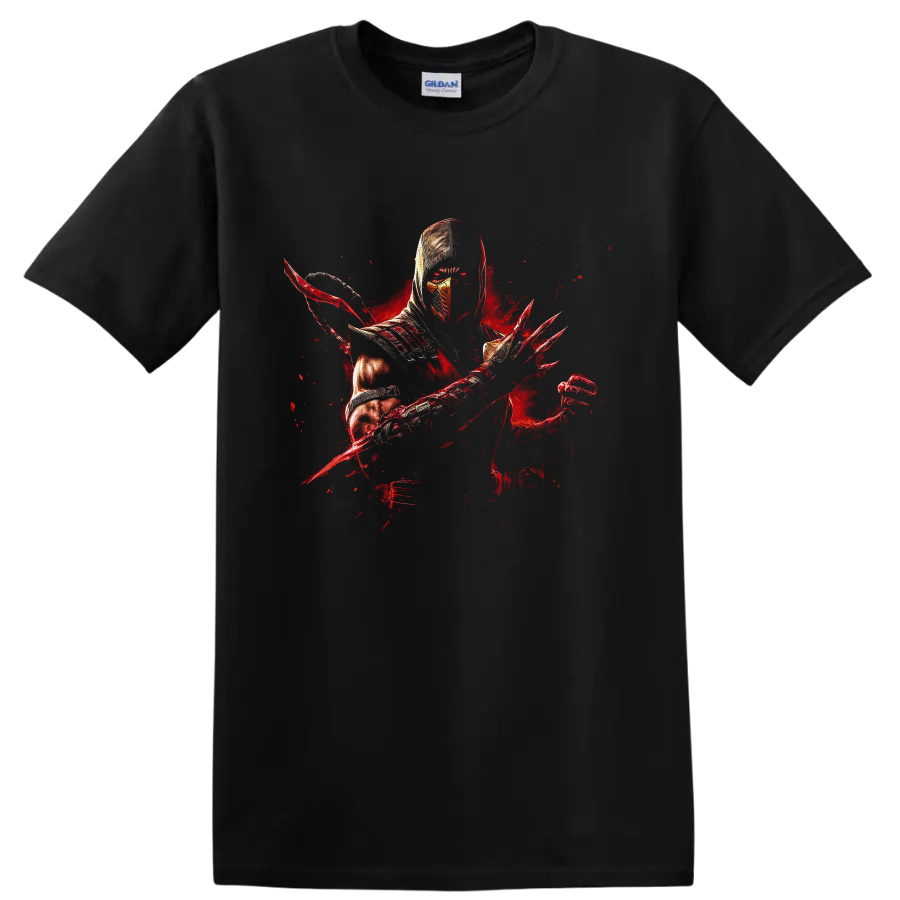 Ermac hooded armored warrior with blade and red energy splatter artwork on a Black T Shirt