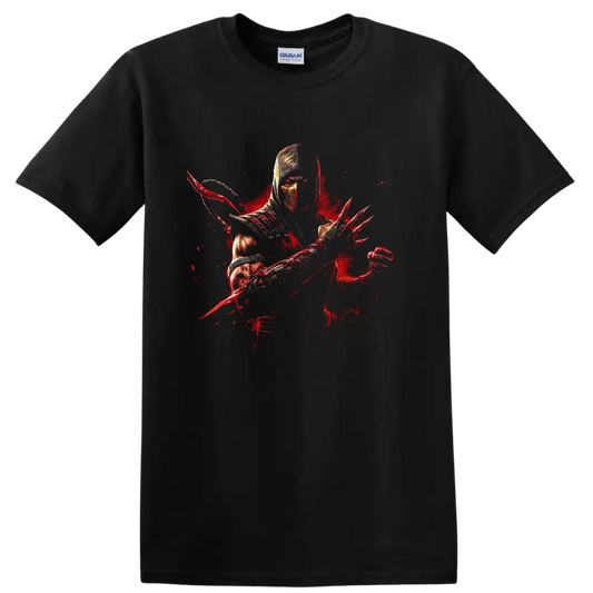Ermac hooded armored warrior with blade and red energy splatter artwork on a Black T Shirt